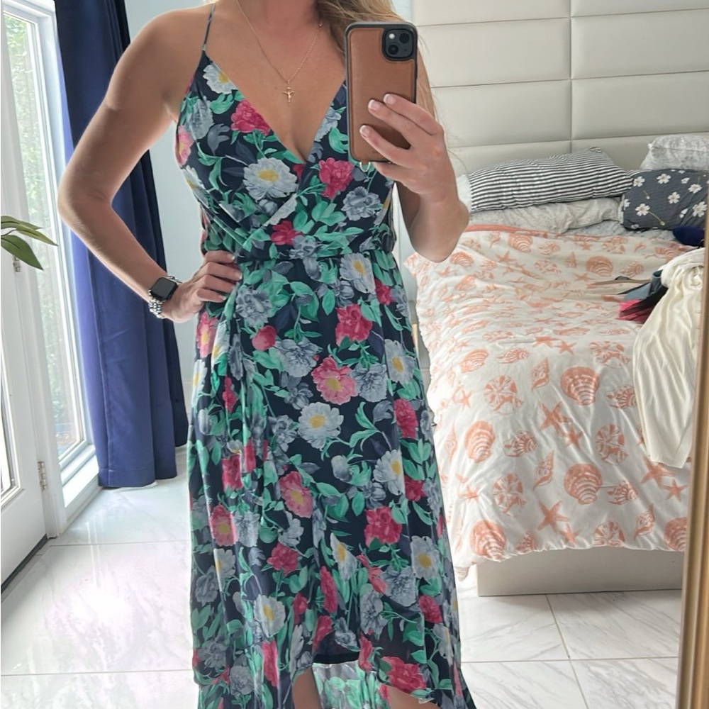 Joie Floral High Low Dress - Navy and Pink